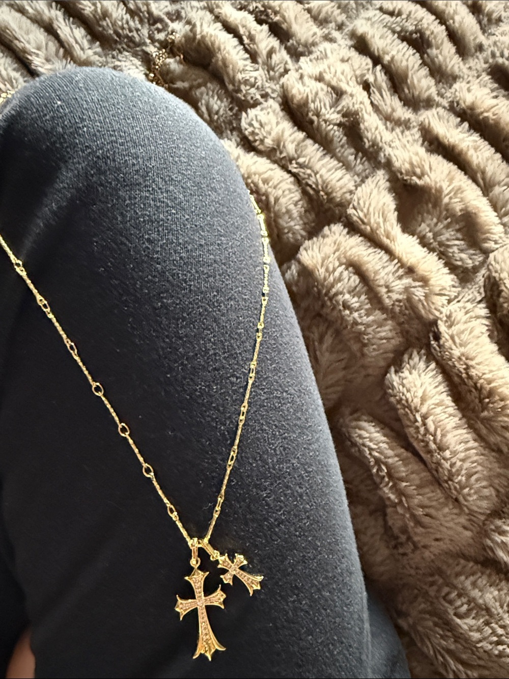Gold double cross necklace